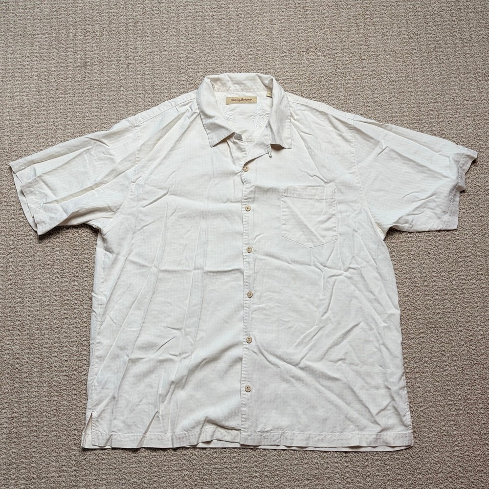 Tommy Bahama Mens XL Silk Short Sleeve Button Down Shirt Cream Embroidered Leaf